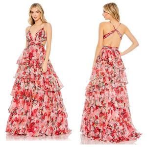Mac Duggal Floral Chiffon Cut Out Pleated Ballgown A-line Prom Dress Size 8 NWT